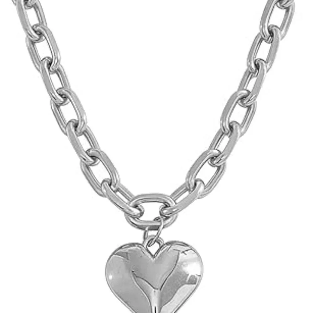 Silver Chunky Heart Necklace Statement Puffy Heart Pendant Chain Elegant Fashion